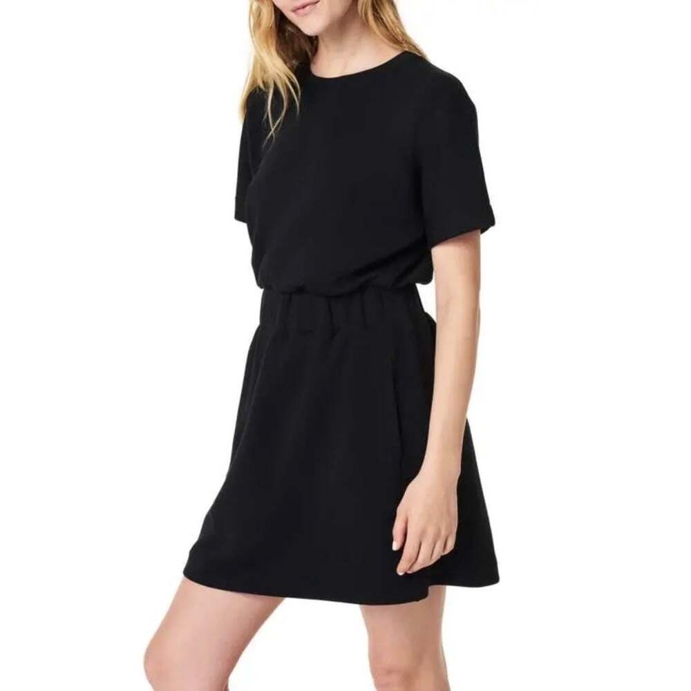 SPANX AirEssentials Cinched Mini Dress Small Black Short Sleeve Stretch EUC